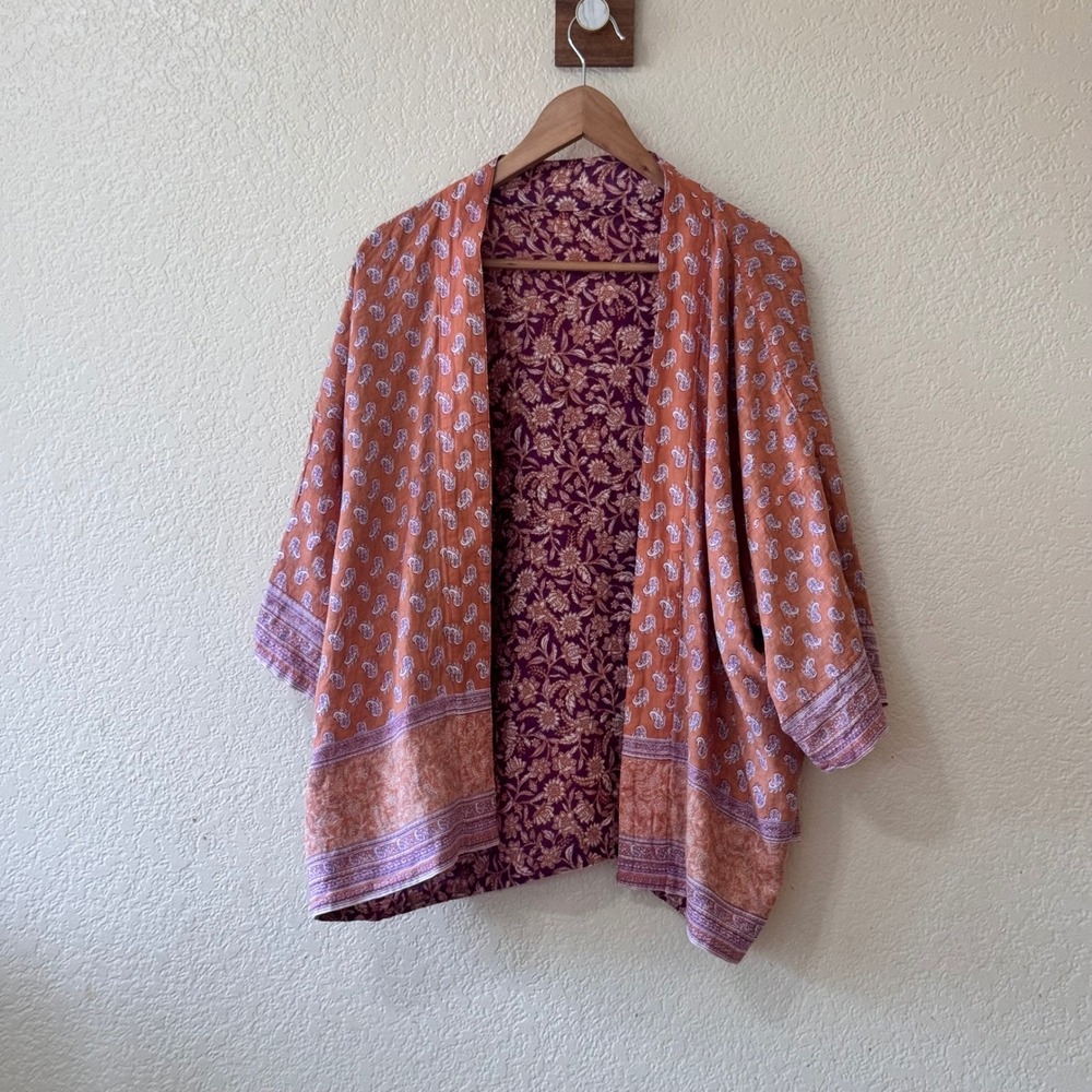 J.Jill Reversible Kimono Cardigan Purple Floral Orange Paisley Cotton S-L - Picture 8 of 15